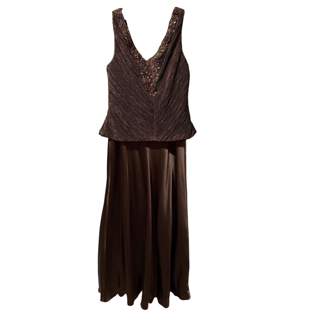 Patra Brown Beaded Sequin Pleated V-Neck Evening Gown Maxi Dress with Shawl 10